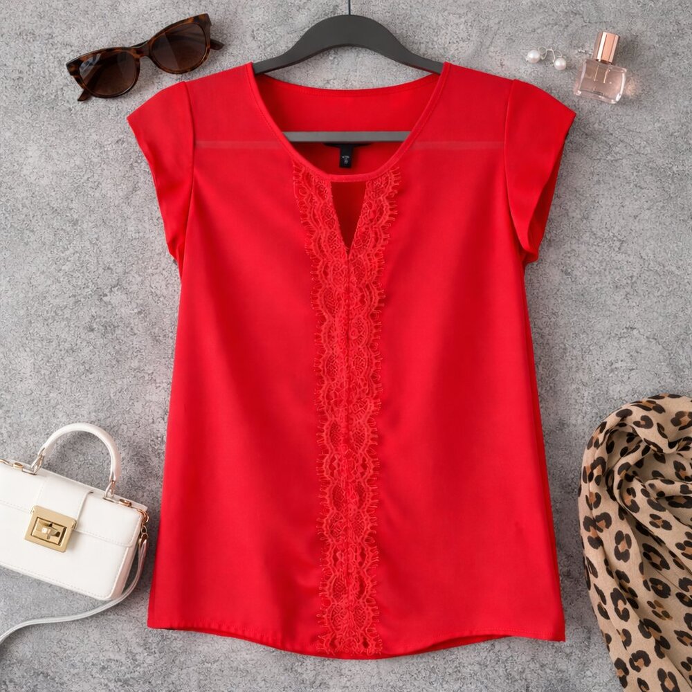 Express Bright Coral Red Lace-Trim V-Neck Cap Sleeve Blouse – Size XS – NWOT